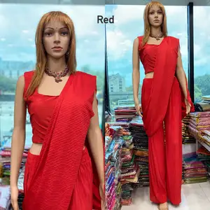 नई आगमन 2022 गर्म बेच डिजाइनर पहनने के लिए तैयार PentPleated Pallu साड़ी के साथ महिलाओं के लिए मन में दबा थोक ऑनलाइन शॉपिंग