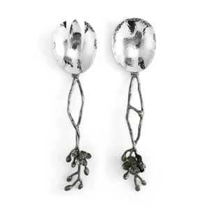 Juego de servidor de ensalada de plata antigua con asas de rama floral - Product Image 3