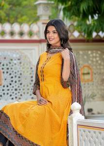 Kurta Anarkali en coton à imprimé géométrique avec dupatta, coupe régulière élégante, confortable, vêtement ethnique indien pour femmes, traditionnel - Product Image 6