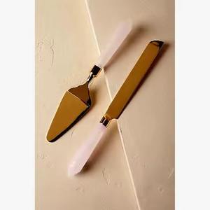 <b>Cake</b> <b>Server</b> White and Green Resin Handle Stainless Steel <b>Cake</b> Serving Set with Gold Plated - Product Image 2