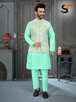 Collier de bande broderie lourde imprimé numérique traditionnel Diwali vêtements de fête hommes Koti Style Kurta ensemble à bas taux