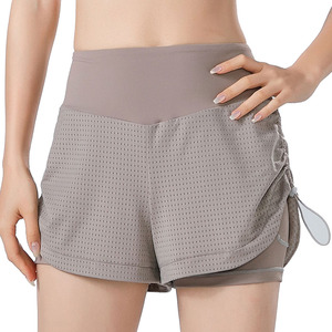 Short de fitness taille haute pour femme respirant côté maille Logo décor poches cachées avec prix de gros Short de yoga deux pièces - Product Image 5