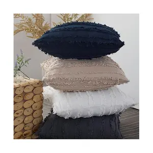 Buti New Modern Throw Striped Jacquard Cotton with Linen Macrame Pillow for Home Decor Cushion Cover