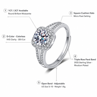 Bague de fiançailles en moissanite couleur D VVS, taille coussin, en argent sterling S925, ajustable, 1ct 2ct 3EX Cut