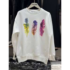 Sweat-shirt à col rond imprimé plumes colorées, tissu tricoté brossé 3 fils, respirant et confortable - Product Image 2