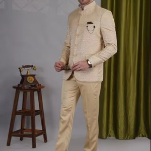 ชุดสูทผ้าโพลีเอสเตอร์สำหรับผู้ชายพิมพ์ลาย2ชิ้นคอตั้งแบบปกติระบายอากาศได้สไตล์หน้าแบนมีกระดุมแบบยาว - Product Image 1