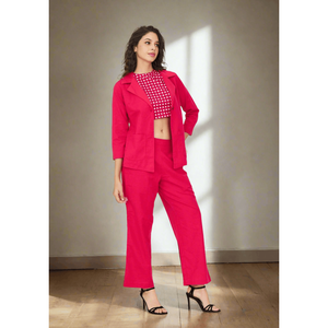 Conjunto de Blazer Rosa Rubí con Top Corto - Conjunto de 3 Piezas para Verano, Formal e Informal con Decoración de Botones - Product Image 1