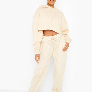 Chándal corto de algodón de alta calidad, conjunto de 2 piezas, sudaderas con capucha y cremallera doble con logotipo personalizado y joggers para mujer - Product Image 1