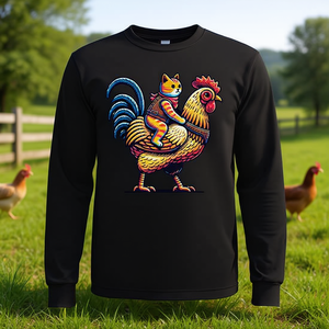 T-shirt a maniche lunghe con stampa artistica di gattino tabby e zenzero che cavalca un pollo - Maglietta promozionale a tema gatto - Product Image 3