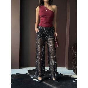 Topshow Black <b>Sequin</b> Tulle Wholesale <b>Pants</b> - [object Object] - Product Image 3