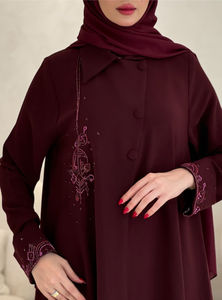 Maroon Embroidery Silk Anti-Wrinkle <b>Abaya</b> Matching Headscarf Stylish Modest Muslim Dress Elegant <b>Prayer</b> Outfit for Women Adults - Product Image 2