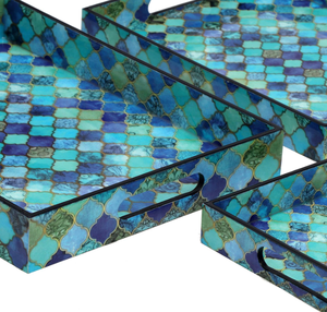 Ensemble de plateaux en bois émaillé bleu et doré faits à la main avec poignées en bois, pratiques et jetables pour la décoration de la maison et le service - Product Image 3