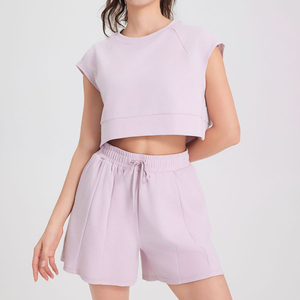 ที่กําหนดเองขายส่งผู้หญิงathleisureฤดูร้อนชุดพืชเสื้อสเวตเตอร์และกางเกงขาสั้นเหงื่อผู้หญิงสองชิ้นวาฟเฟิลชุดลําลอง - Product Image 4