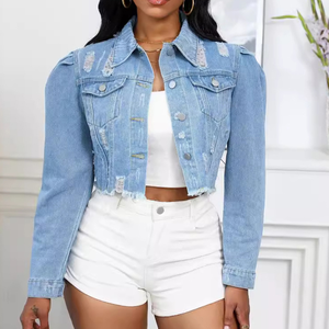 Chaqueta vaquera larga sin cuello con efecto rasgado, mangas regulares, unisex, cortavientos, transpirable, ecológica, con forro frontal de algodón para invierno - Product Image 1