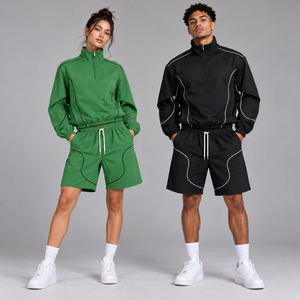 Ensemble de survêtement décontracté deux pièces pour homme en polaire à demi-zip, avec passepoil contrastant, respirant, composé d'un sweat-shirt et d'un short - Product Image 1