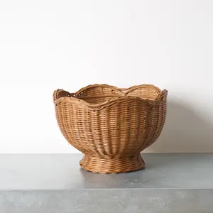 Cesta de Frutas Vintage de Ratán con Pedestal, Cesta de Frutas de Ratán Tejida con Borde Festoneado, Tazón de Mimbre para Verduras, Almacenamiento de Cocina - Product Image 2