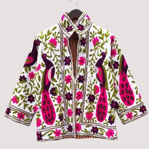 Manteau à col mandarin brodé à la main avec motifs floraux, manches trois quarts, grande taille, style bohème décontracté pour femme, vêtement d'extérieur printanier - Product Image 1