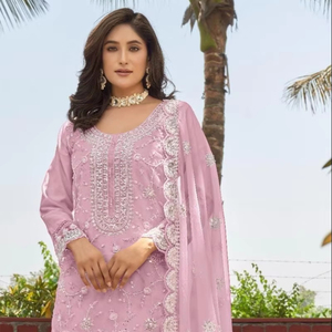 Ensemble élégant en organza Shalwar Kameez avec mèches de broderie Santoon Dull Patch Bottom et Dupatta assorti pour les fêtes - Product Image 1