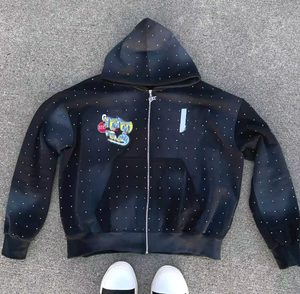Ropa de calle personalizada para Hombre Sudaderas con capucha de gran tamaño 440gsm francés Terry Rhinestone Sun Faded ácido lavado parche desgastado 3D bordado largo - Product Image 3