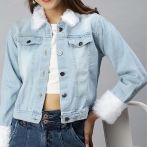 Chaqueta vaquera con forro de lana para mujer, de manga larga, azul, ajustada, de alta calidad, 2025 - Product Image 5