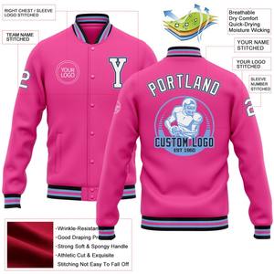 Custom Pink White Light Blue-Black Bomber Full-Snap Varsity Letterman Chaqueta cortavientos Streetwear vintage Hombres Varsity Jacket - Product Image 2