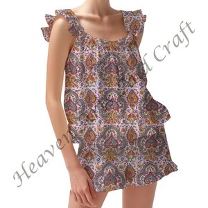 New Arrival Hand Block Floral Print Shorts Pajama Set Spring/Summer Floral Fitted Strappy Ruffle <b>Trim</b> Sleeves PJ Set - Product Image 5