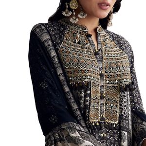 Traje Palazzo de muselina con estampado mixto negro con trabajo Resham, venta al por mayor, Ropa Étnica para mujer, fábrica de ropa OEM, proveedor a granel, moda - Product Image 3