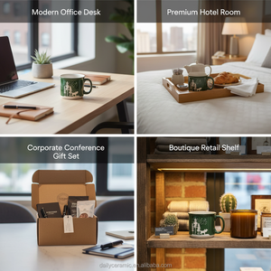 Mug à café en grès personnalisé en gros, 12 oz, vert foncé, style feu <span class=keywords><strong>de</strong></span> camp, tasse à thé en céramique avec motif <span class=keywords><strong>de</strong></span> cerf et <span class=keywords><strong>de</strong></span> sapin - Product Image 5