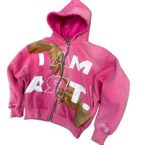 เสื้อฮู้ดดี้ผู้ชายคุณภาพสูง สไตล์ฮิปฮอป สีชมพู แต่งลายปะปักแบบดิสเทรส ผ้าเทอร์รี่แบบแอซิด - Product Image 6