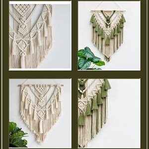 Suspension murale moderne en macramé blanc avec barre en bois pour décoration bohème de salon, chambre et présentoir de table – Origine Inde - Product Image 2