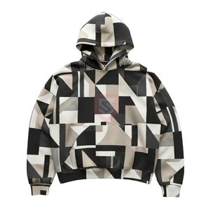 Sudadera con Capucha de Patrón Geométrico Abstracto, Felpa de Algodón Grueso, Estampado Gráfico Moderno, Corte Cuadrado - Product Image 1