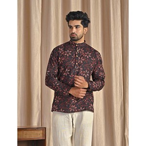 <b>Men's</b> Casual <b>Black</b> Cotton Printed Short <b>Kurta</b> with Full Sleeves - Product Image 3