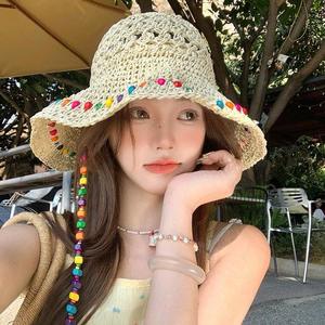 Chapeau de paille raphia pliable fait main perlé et coloré 2025 pour femme, protection solaire quotidienne pour la plage et l'extérieur - Product Image 5