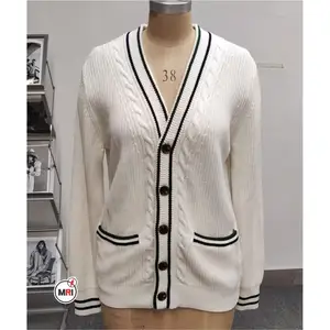 Tripulação de peso médio feminino elegante Cardigan camisola 100% lã botão para baixo manga comprida malha blusas V pescoço