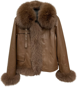 Customize Soft Stylish New Arrival Women's Brown Sheepskin Shearling Biker Style <b>Jacket</b> Breathable Quick Dry V-neck Winter <b>Long</b> - Product Image 1