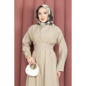 Vestido Formal Modesto Color Beige Oscuro con Cintura Plisada y Detalle de Cinturón, Transpirable, Talla XS, para el Día, Disponible en Largo hasta el Suelo y hasta la Rodilla - Product Image 2