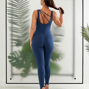 Combinaison sportive une pièce à col carré uni, manches longues, taille ajustée, pantalon évasé, en spandex/nylon pour femmes - Product Image 4