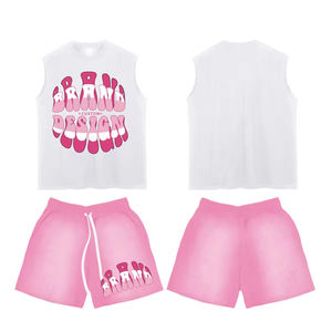 ชุดกางเกงขาสั้นผ้าซับเหงื่อสำหรับผู้ชายขนาดใหญ่พิเศษกางเกงขาสั้นผ้ายืดขอบดิบแบบแขนกุดซักแบบกำหนดเองขายส่ง2025 - Product Image 2