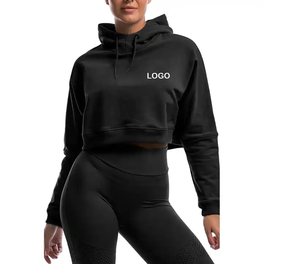 Mujeres recortadas de manga larga de cuello redondo Jogging Hoodies Short Pullover Custom Drop Shoulder Crop Top Sudaderas - Product Image 5