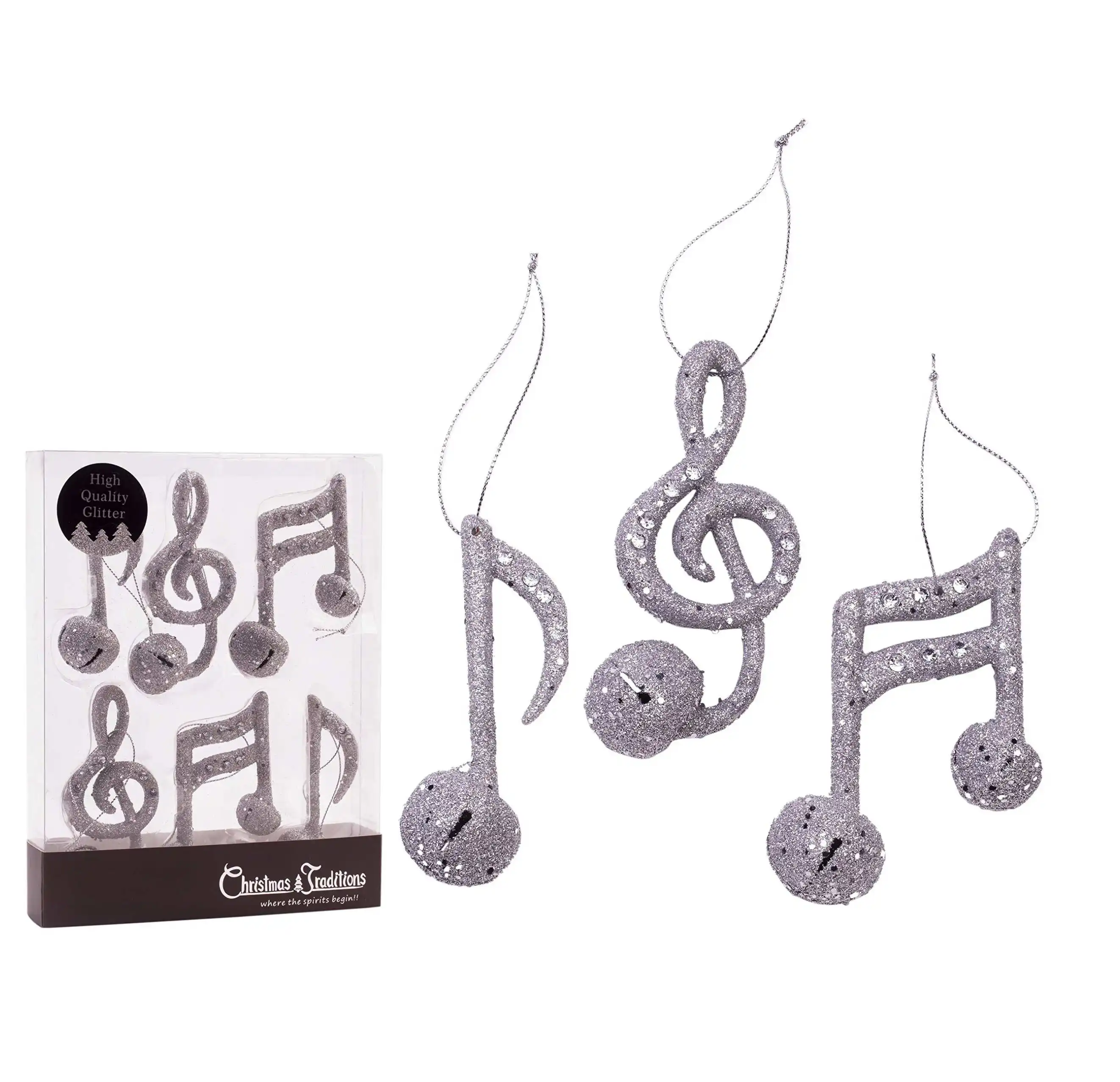 Groothandel Op Maat 4 "Zilver Glinsterende Kerst Hangende Muzikale Ornamenten Muzieknoten Metalen Bel 3 Stijlen Asst. (Set Van 6)