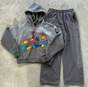 Hombres 100% algodón 500gsm huye con piedra del Rin con estampado de pantalla Zip Up Sudadera con capucha y pantalón plano Traje de sudor al por mayor - Product Image 5