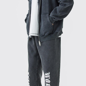 Conjuntos de pantalones de chándal con capucha para correr de alta calidad, chándales acampanados con lavado ácido de piedra de gran tamaño con logotipo personalizado para hombres - Product Image 3