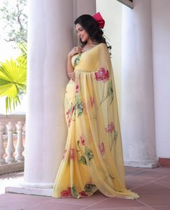 Premium Pure Soft Cut Dana Handwork Floral Printed Soft <b>Organza</b> Designer Saree Collection - Product Image 1