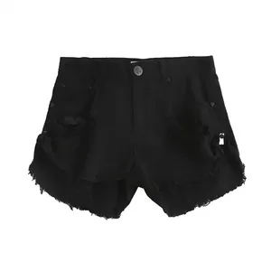 Shorts Bermuda Negros de Satén para Mujer, de Cintura Alta, Corte Recto, Estilo Casual, Sexy, Vintage, Streetwear, con Bajo Deshilachado y Acabado Desgastado, Lavado de Color - Product Image 1