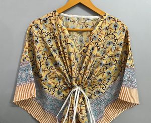 Jaipuri estampado de algodón hecho a mano caftán vestido largo playa cubierta Maxi Kimono bata estilo Casual flor bloque impreso ropa de dormir Natural - Product Image 1