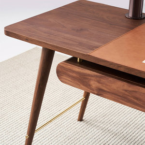 Warm Brown <b>Wood</b> and Faux Leather Rectangle Writing <b>Desk</b> with Saddle Leather Surface Elevated Design 1-Year Warranty - Product Image 2