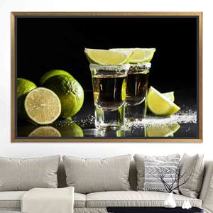 Arte en lienzo de Tequila Shot & Lime: decoración vibrante impresa para la cocina, lienzo con marco dorado - Product Image 1