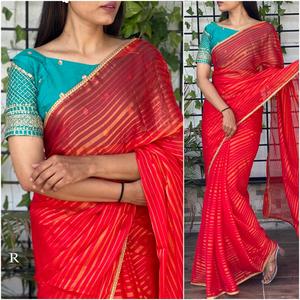 Sari en Chiffon avec Broderie Zari pour Mariage et Fêtes, Collection de Blouses, Prix de Gros, Qualité Supérieure, Sari d'Inde pour Femmes - Product Image 4