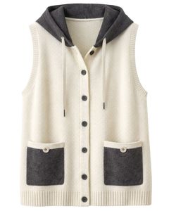 Manufacturer Ivory <b>Hooded</b> Knitted Sweater Vest Wool Acrylic Button Front Sleeveless Winter <b>Cardigan</b> With Contrast Pockets OEM - Product Image 1