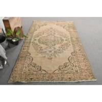 Tapis turc vintage KayraHome beige brun 5,8x9,5 pieds en laine tissage plat écologique motif patchwork épaisseur de poil moyenne
